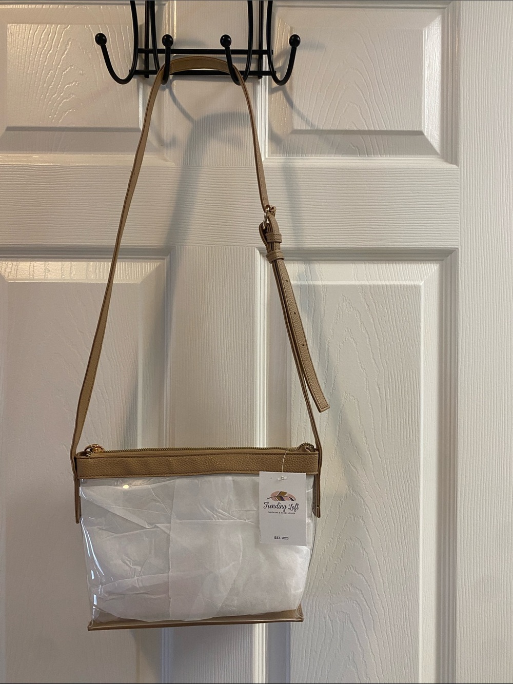 Clear Crossbody Bag with Tan Trim and Adjustable Strap